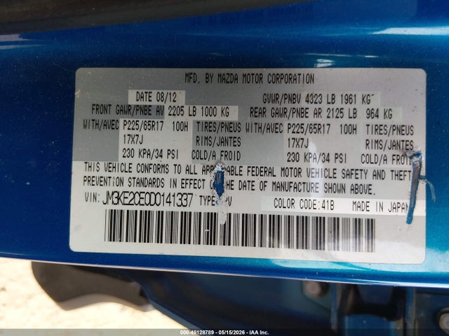 Продаж на аукціоні авто 2013 Mazda Cx-5 Touring, vin: JM3KE2CE0D0141337, номер лоту: 45128789