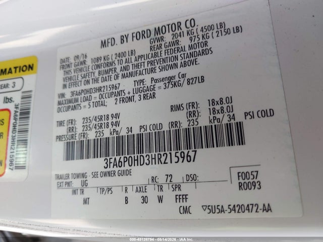 Aukcja sprzedaży 2017 Ford Fusion Se, vin: 3FA6P0HD3HR215967, numer aukcji: 45128794