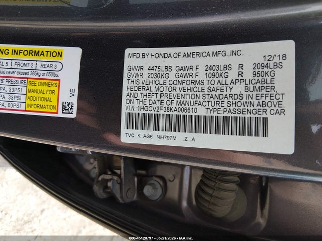 1HGCV2F38KA006610 Honda Accord Sport 2.0t