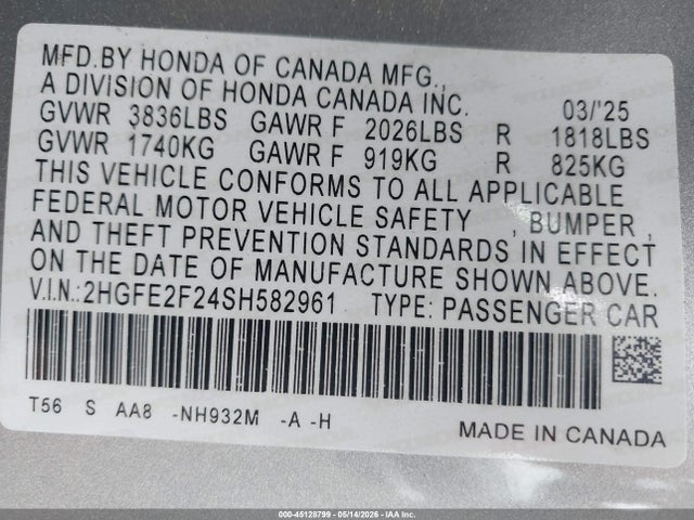 2025 Honda Civic Lx მანქანა იყიდება აუქციონზე, vin: 2HGFE2F24SH582961, აუქციონის ნომერი: 45128799