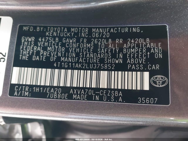 45128800 :رقم المزاد ، 4T1G11AK2LU375852 vin ، 2020 Toyota Camry Se مزاد بيع