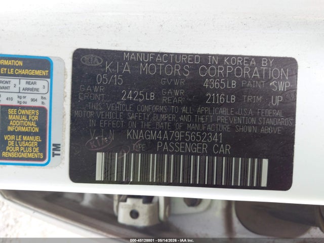 2015 Kia Optima Lx მანქანა იყიდება აუქციონზე, vin: KNAGM4A79F5652341, აუქციონის ნომერი: 45128801