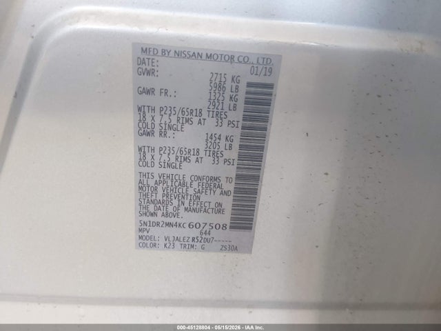 45128804 :رقم المزاد ، 5N1DR2MN4KC607508 vin ، 2019 Nissan Pathfinder Sv مزاد بيع