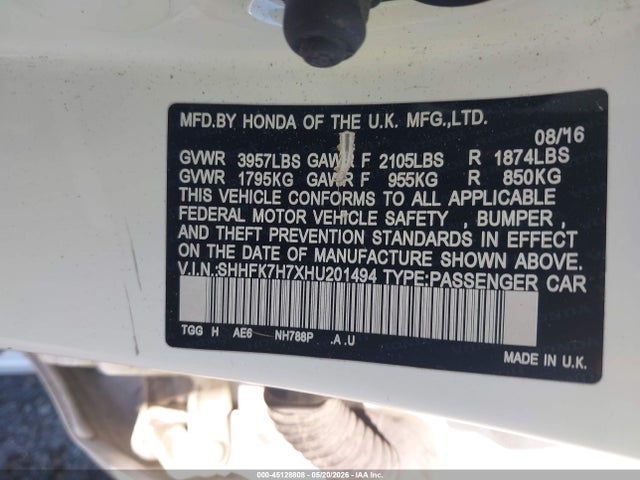 45128808 :رقم المزاد ، SHHFK7H7XHU201494 vin ، 2017 Honda Civic Ex-l مزاد بيع