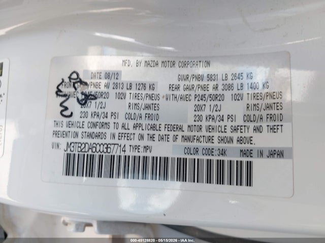 Продажа на аукционе авто 2012 Mazda Cx-9 Grand Touring, vin: JM3TB2DA6C0367714, номер лота: 45128820