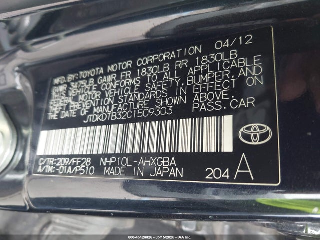 Aukcja sprzedaży 2012 Toyota Prius C Three, vin: JTDKDTB32C1509303, numer aukcji: 45128826
