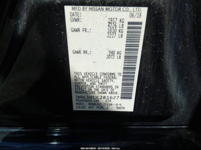 2018 Nissan Altima 2.5 Sr მანქანა იყიდება აუქციონზე, vin: 1N4AL3AP1JC281627, აუქციონის ნომერი: 45128830