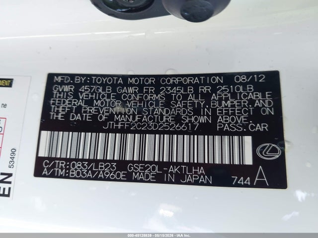 Aukcja sprzedaży 2013 Lexus Is 250c, vin: JTHFF2C23D2526617, numer aukcji: 45128839