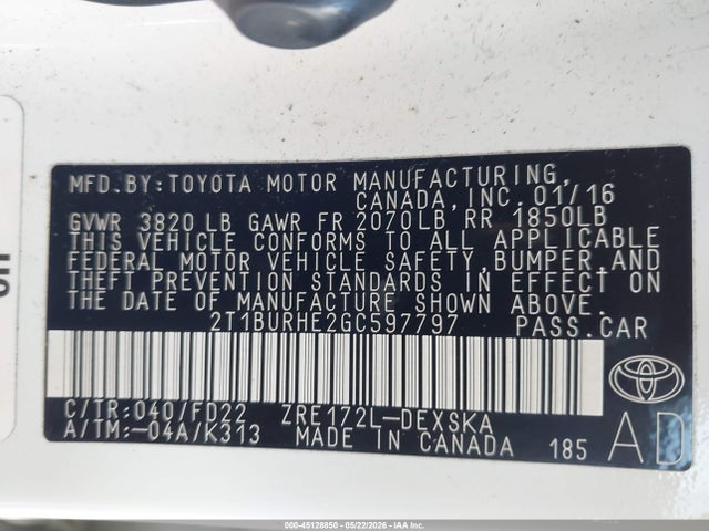 Продажа на аукционе авто 2016 Toyota Corolla S Plus, vin: 2T1BURHE2GC597797, номер лота: 45128850