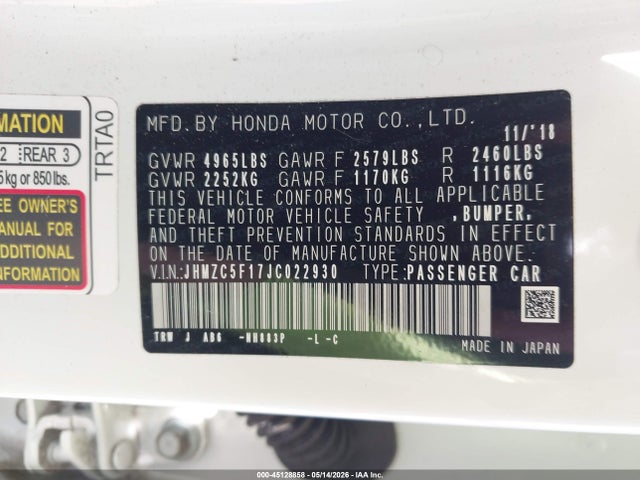 Auction sale of the 2018 Honda Clarity Plug-in Hybrid, vin: JHMZC5F17JC022930, lot number: 45128858