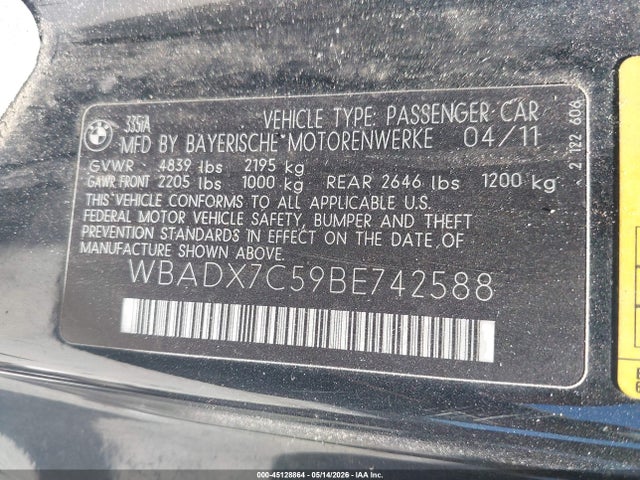 2011 Bmw 335i მანქანა იყიდება აუქციონზე, vin: WBADX7C59BE742588, აუქციონის ნომერი: 45128864