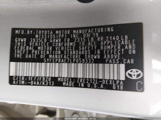 Aukcja sprzedaży 2020 Toyota Corolla Le, vin: 5YFEPRAE7LP059332, numer aukcji: 45128865