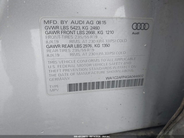 45128872 :رقم المزاد ، WA1C2AFP4GA044602 vin ، 2016 Audi Q5 2.0t Premium مزاد بيع