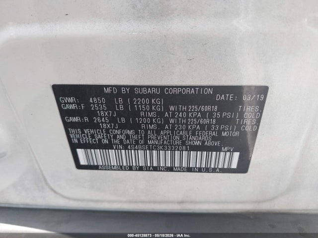 45128873 :رقم المزاد ، 4S4BSETC3K3332081 vin ، 2019 Subaru Outback 3.6r Touring مزاد بيع