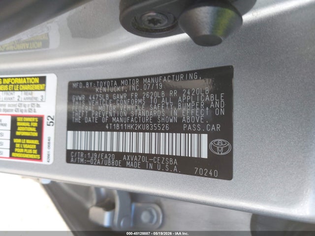 4T1B11HK2KU835526 Toyota CAMRY SE
