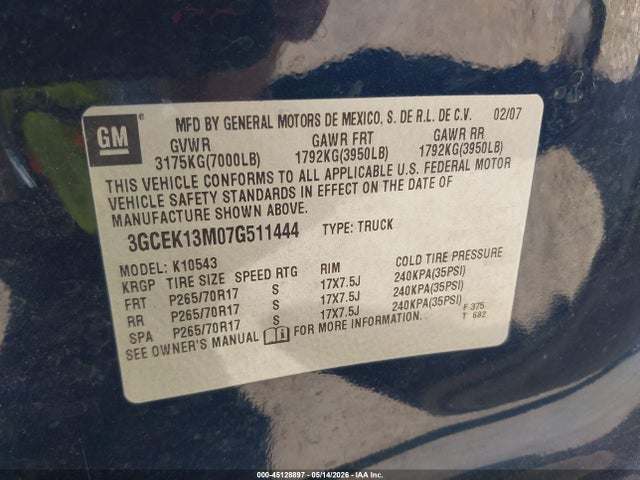 Aukcja sprzedaży 2007 Chevrolet Silverado 1500 Lt1, vin: 3GCEK13M07G511444, numer aukcji: 45128897