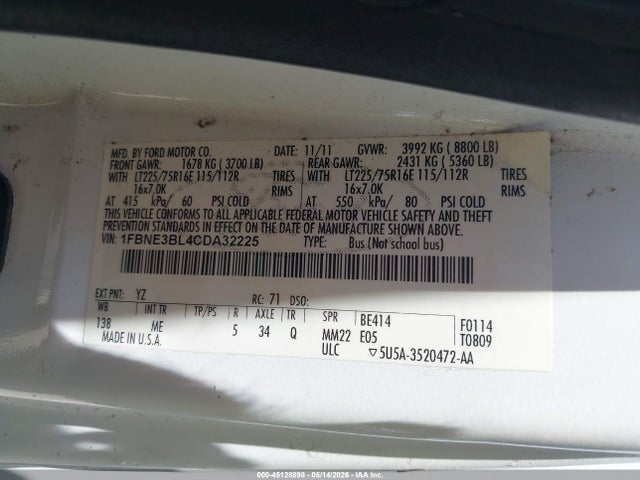 Aukcja sprzedaży 2012 Ford E-350 Super Duty Xlt, vin: 1FBNE3BL4CDA32225, numer aukcji: 45128898