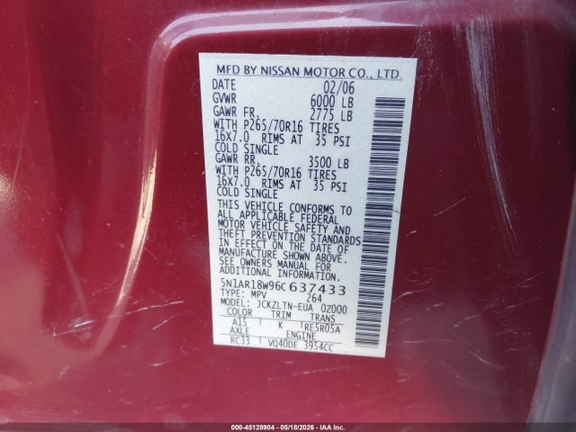 45128904 :رقم المزاد ، 5N1AR18W96C637433 vin ، 2006 Nissan Pathfinder Se مزاد بيع