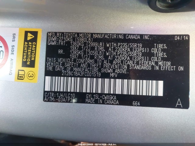 45128909 :رقم المزاد ، 2T2BC1BA3FC001519 vin ، 2015 Lexus Rx 450h مزاد بيع