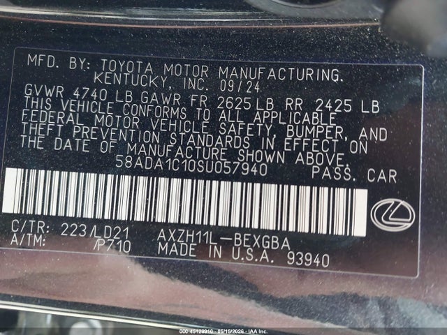 Aukcja sprzedaży 2025 Lexus Es 300h, vin: 58ADA1C10SU057940, numer aukcji: 45128910