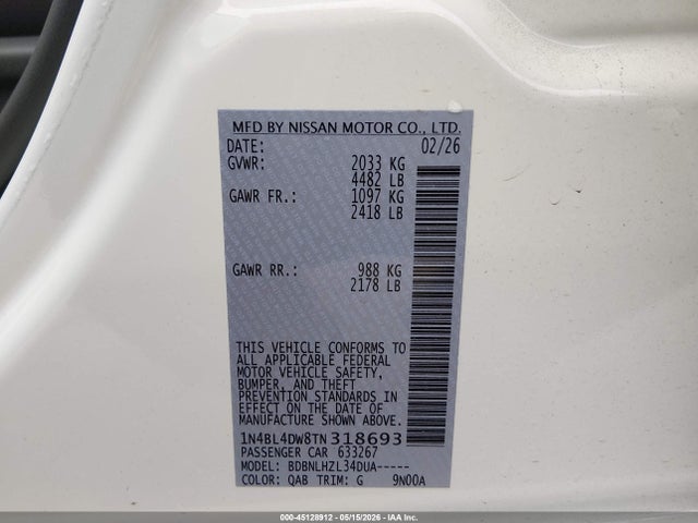 45128912 :رقم المزاد ، 1N4BL4DW8TN318693 vin ، 2026 Nissan Altima Sv Awd مزاد بيع