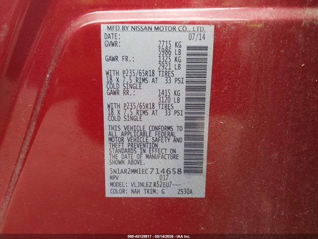 Продажа на аукционе авто 2014 Nissan Pathfinder Sv, vin: 5N1AR2MM1EC714658, номер лота: 45128917