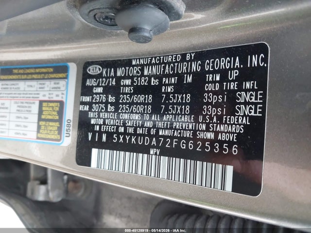 Auction sale of the 2015 Kia Sorento Ex V6, vin: 5XYKUDA72FG625356, lot number: 45128919