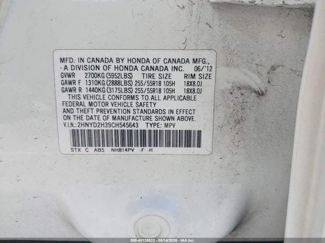 Продаж на аукціоні авто 2012 Acura Mdx Technology Package, vin: 2HNYD2H39CH545643, номер лоту: 45128922