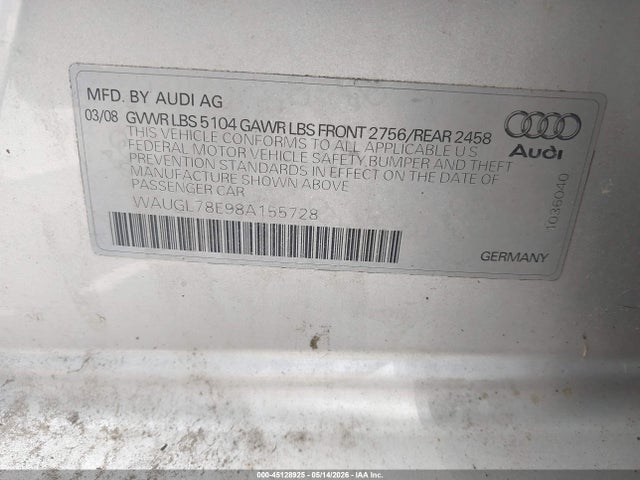 Aukcja sprzedaży 2008 Audi S4 4.2, vin: WAUGL78E98A155728, numer aukcji: 45128925