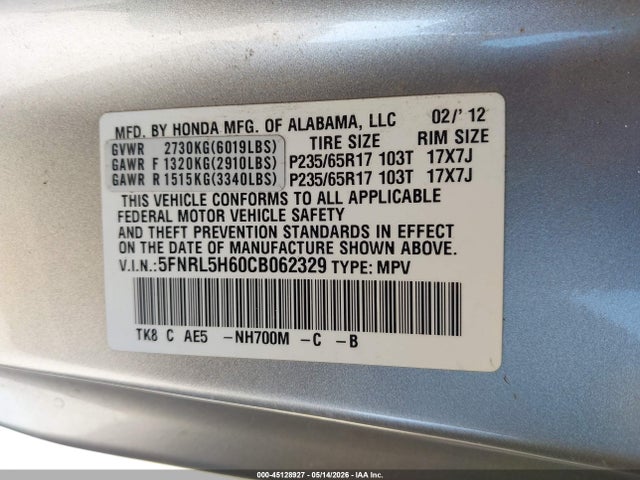 Продажа на аукционе авто 2012 Honda Odyssey Ex-l, vin: 5FNRL5H60CB062329, номер лота: 45128927