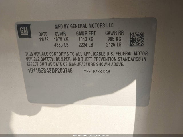 45128930 :رقم المزاد ، 1G11B5SA3DF209746 vin ، 2013 Chevrolet Malibu 1ls مزاد بيع
