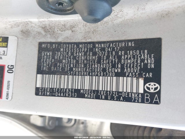 Aukcja sprzedaży 2017 Toyota Corolla Le, vin: 5YFBURHE4HP681380, numer aukcji: 45128936