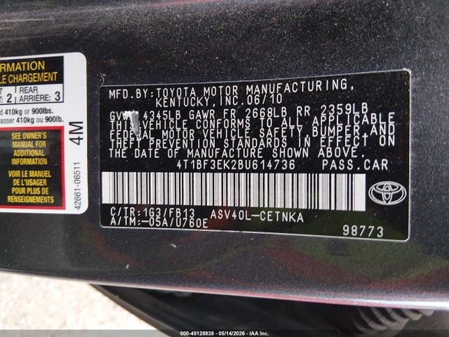 2011 Toyota Camry Le მანქანა იყიდება აუქციონზე, vin: 4T1BF3EK2BU614736, აუქციონის ნომერი: 45128938