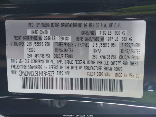 45128941 :رقم المزاد ، 3MVDMADL3LM134503 vin ، 2020 Mazda Cx-30 Preferred Package مزاد بيع