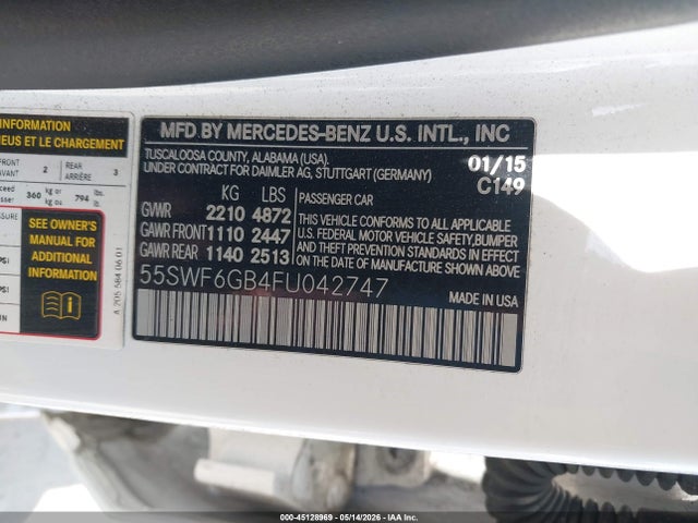 45128969 :رقم المزاد ، 55SWF6GB4FU042747 vin ، 2015 Mercedes-benz C 400 4matic مزاد بيع
