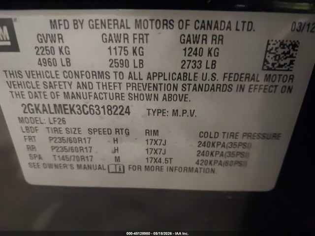 45128980 :رقم المزاد ، 2GKALMEK3C6318224 vin ، 2012 Gmc Terrain Sle-1 مزاد بيع