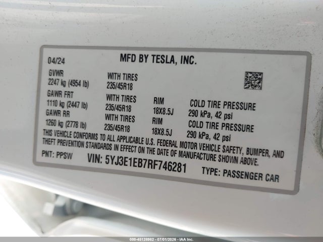 Продажа на аукционе авто 2024 Tesla Model 3 Long Range Dual Motor All-wheel Drive, vin: 5YJ3E1EB7RF746281, номер лота: 45128982