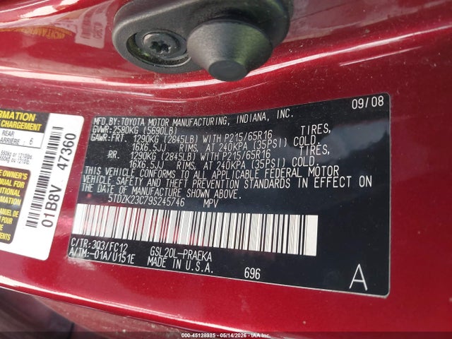2009 Toyota Sienna Le მანქანა იყიდება აუქციონზე, vin: 5TDZK23C79S245746, აუქციონის ნომერი: 45128985