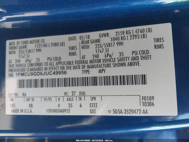 Ford ESCAPE SE 2018 1FMCU9GD6JUC49956 Image 9