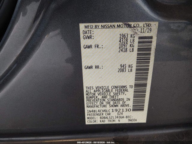 1N4BL4CV6LC192130 Nissan Altima Sr Fwd