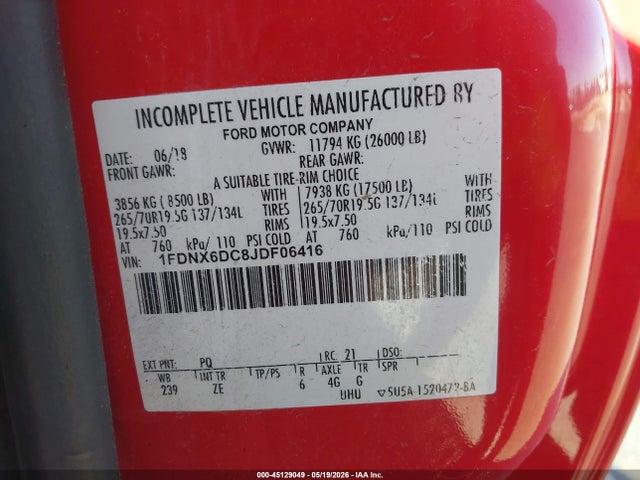 45129049 :رقم المزاد ، 1FDNX6DC8JDF06416 vin ، 2018 Ford F-650 Diesel مزاد بيع