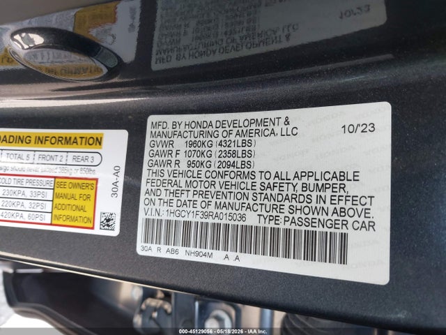 2024 Honda Accord Ex მანქანა იყიდება აუქციონზე, vin: 1HGCY1F39RA015036, აუქციონის ნომერი: 45129056