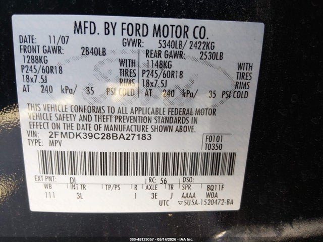 Продаж на аукціоні авто 2008 Ford Edge Limited, vin: 2FMDK39C28BA27183, номер лоту: 45129057