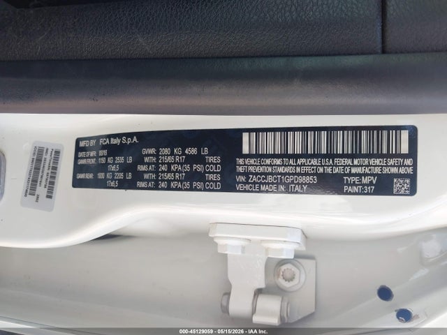 45129059 :رقم المزاد ، ZACCJBCT1GPD98853 vin ، 2016 Jeep Renegade Trailhawk مزاد بيع