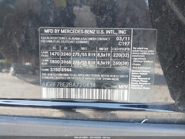 Aukcja sprzedaży 2011 Mercedes-benz Gl 450 4matic, vin: 4JGBF7BE2BA720434, numer aukcji: 45129061