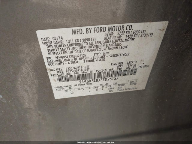 2014 Ford Flex Sel მანქანა იყიდება აუქციონზე, vin: 2FMGK5C8XEBD26137, აუქციონის ნომერი: 45129066