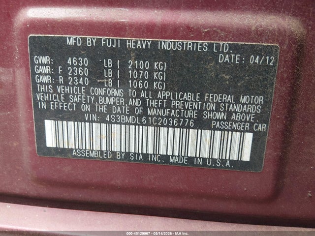 45129067 :رقم المزاد ، 4S3BMDL61C2036776 vin ، 2012 Subaru Legacy 3.6r Limited مزاد بيع