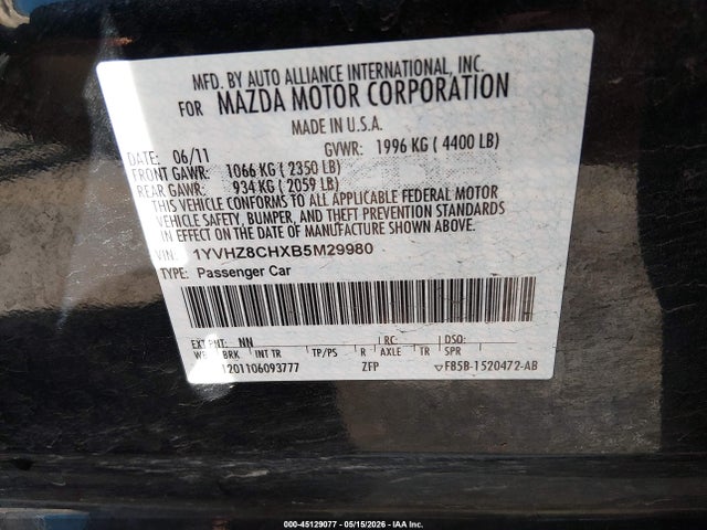 Aukcja sprzedaży 2011 Mazda Mazda6 I Touring Plus, vin: 1YVHZ8CHXB5M29980, numer aukcji: 45129077