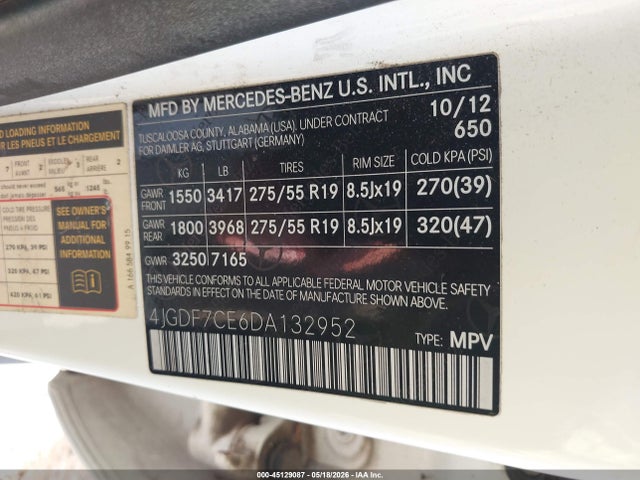 45129087 :رقم المزاد ، 4JGDF7CE6DA132952 vin ، 2013 Mercedes-benz Gl 450 4matic مزاد بيع