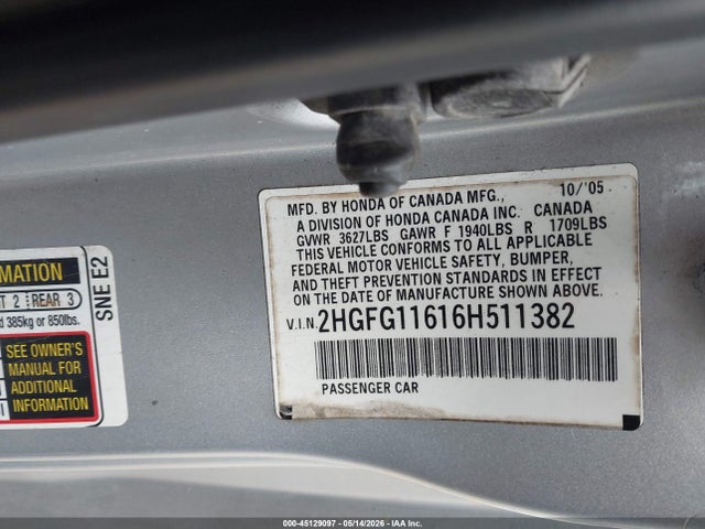 2006 Honda Civic Lx მანქანა იყიდება აუქციონზე, vin: 2HGFG11616H511382, აუქციონის ნომერი: 45129097